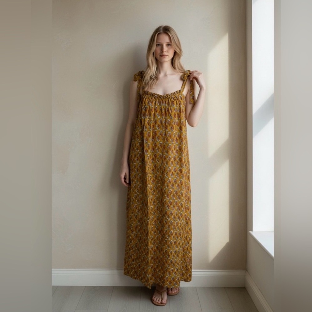 EX VOTO VINTAGE IRIS SUNDRESS ORANGE BLOCK PRINT